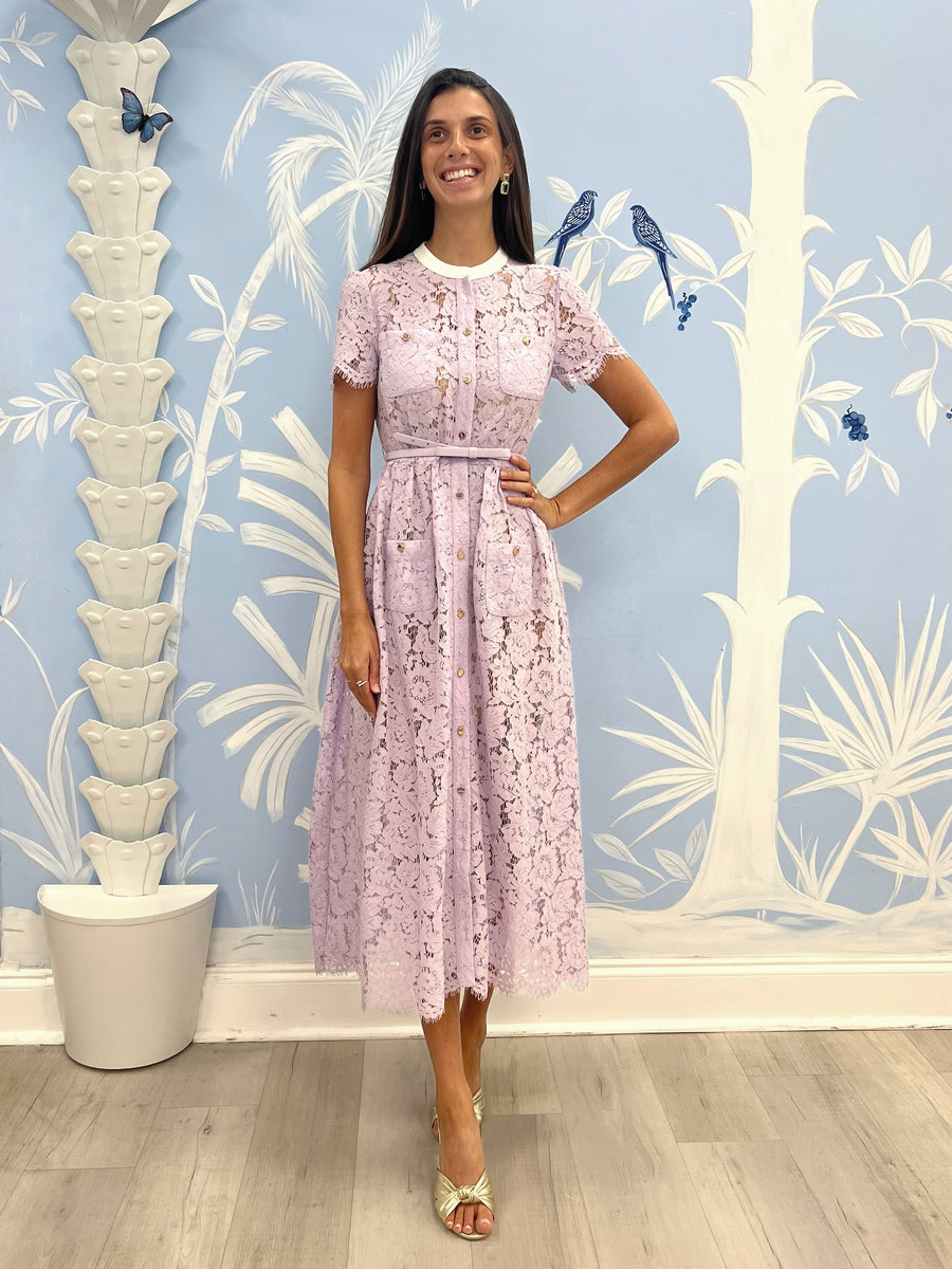 【SELF PORTRAIT 】LILAC LACE BUTTON FRONT MIDI DRESS Lilac Floral Plisse Midi Dress – self-portrait