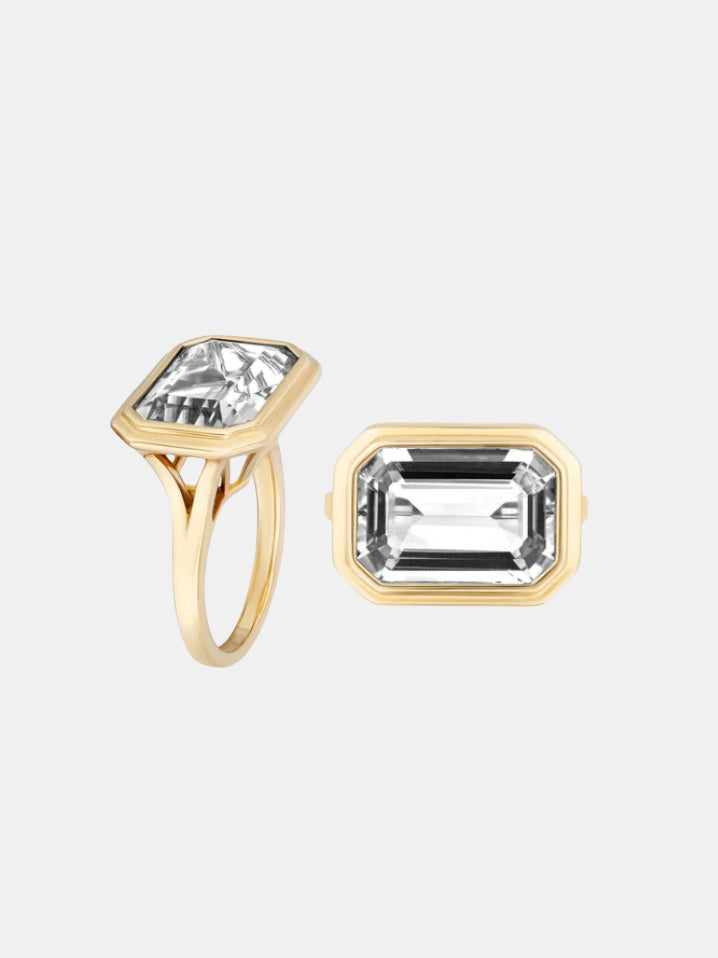 East-West Emerald Cut Bezel Set Ring