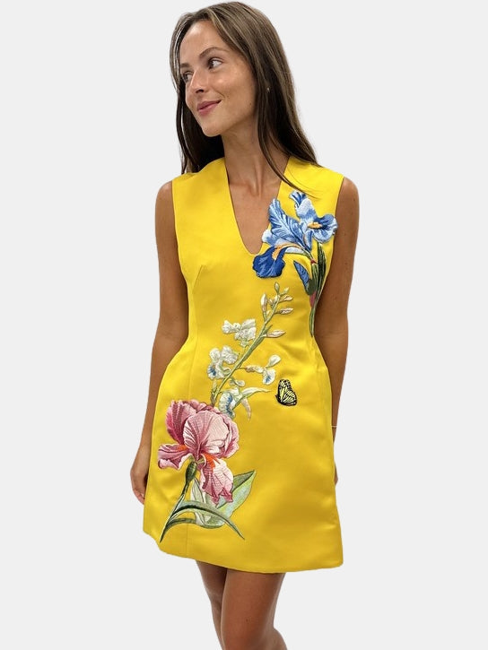 leo lin mini dress Women's Bree V Neck Embroidery - Yellow Color:As Photo(CHAMPAGNE) Rose Gold Sweet 16 matching belt Robes longues