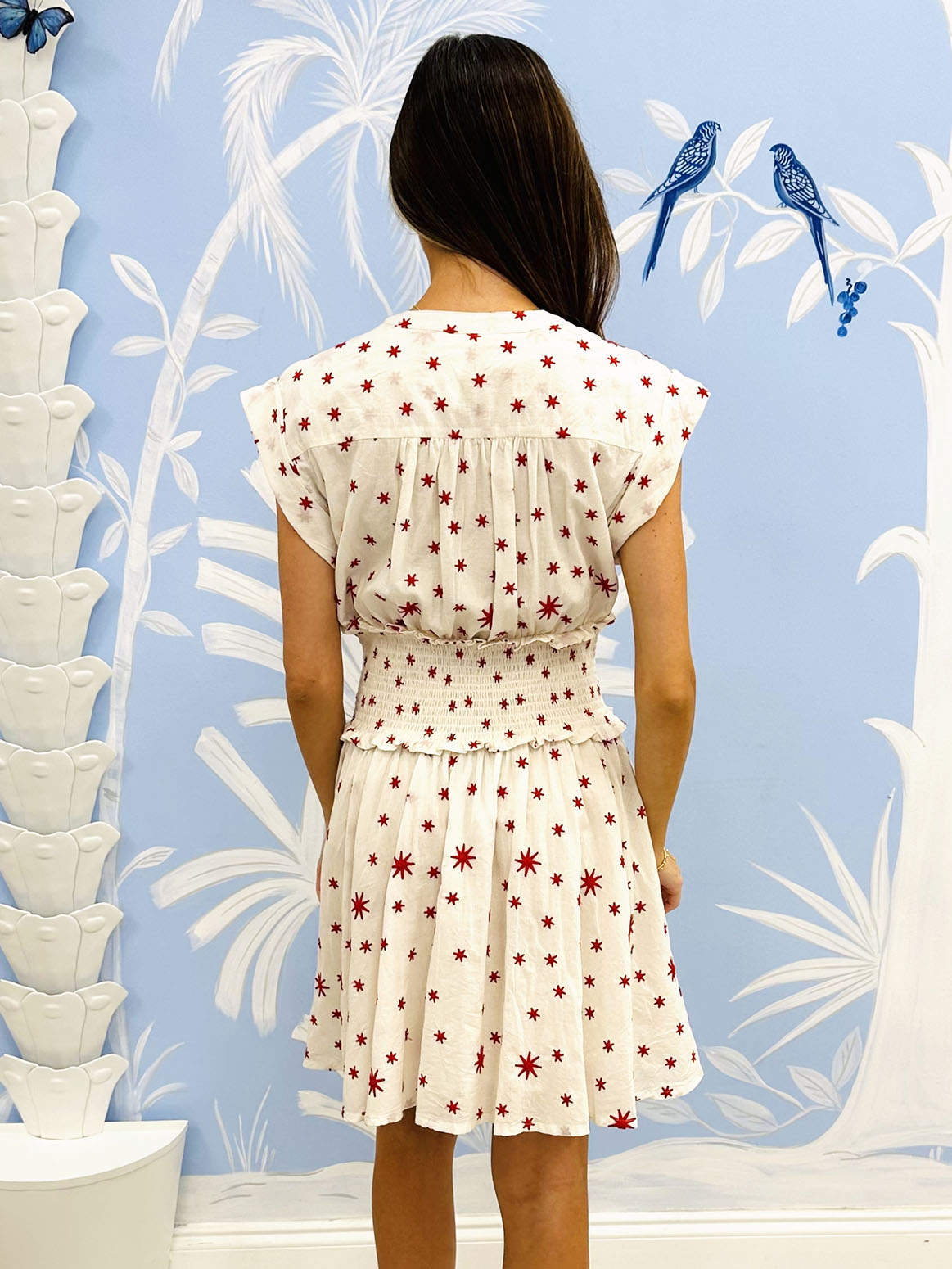 Smocked Waist Roll Sleeve Dress