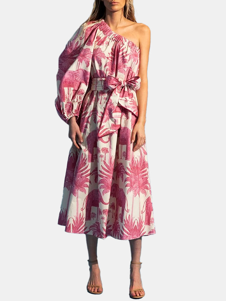 Pink Palm One Shoulder Cotton Dress - Periwinkle