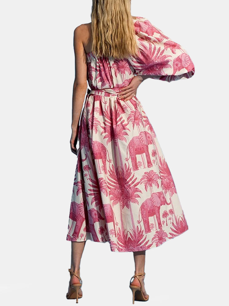 Pink Palm One Shoulder Cotton Dress - Periwinkle