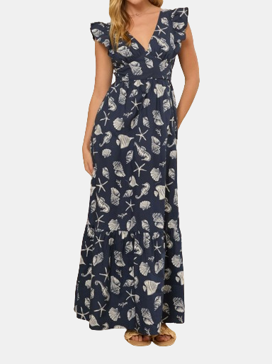 Shell Print Flutter Sleeve Dress - Periwinkle 