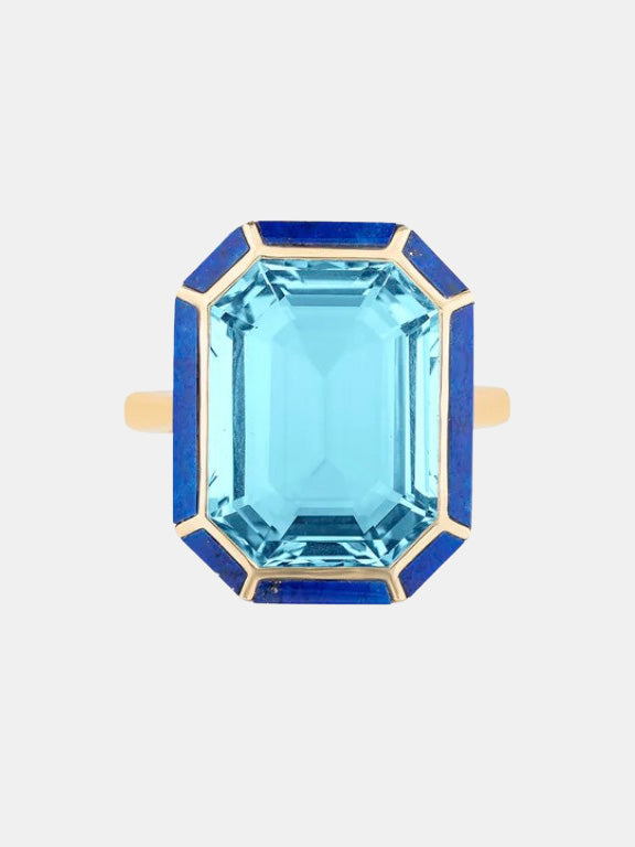 Melange Blue Topaz & Lapis Lazuli Inlay Emerald Cut Ring - Periwinkle 