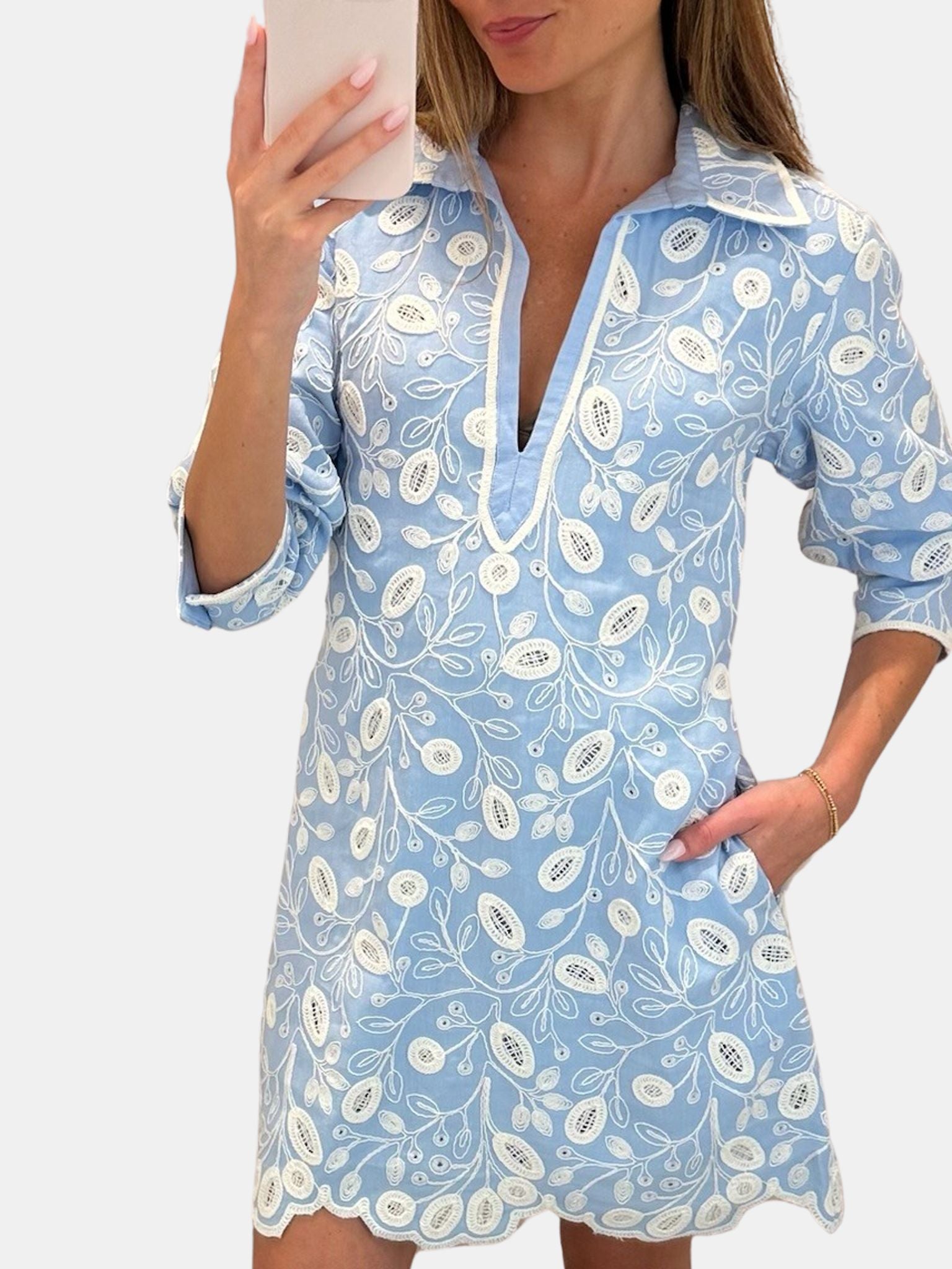 Freya Embroidered Linen Mini Dress - Periwinkle 